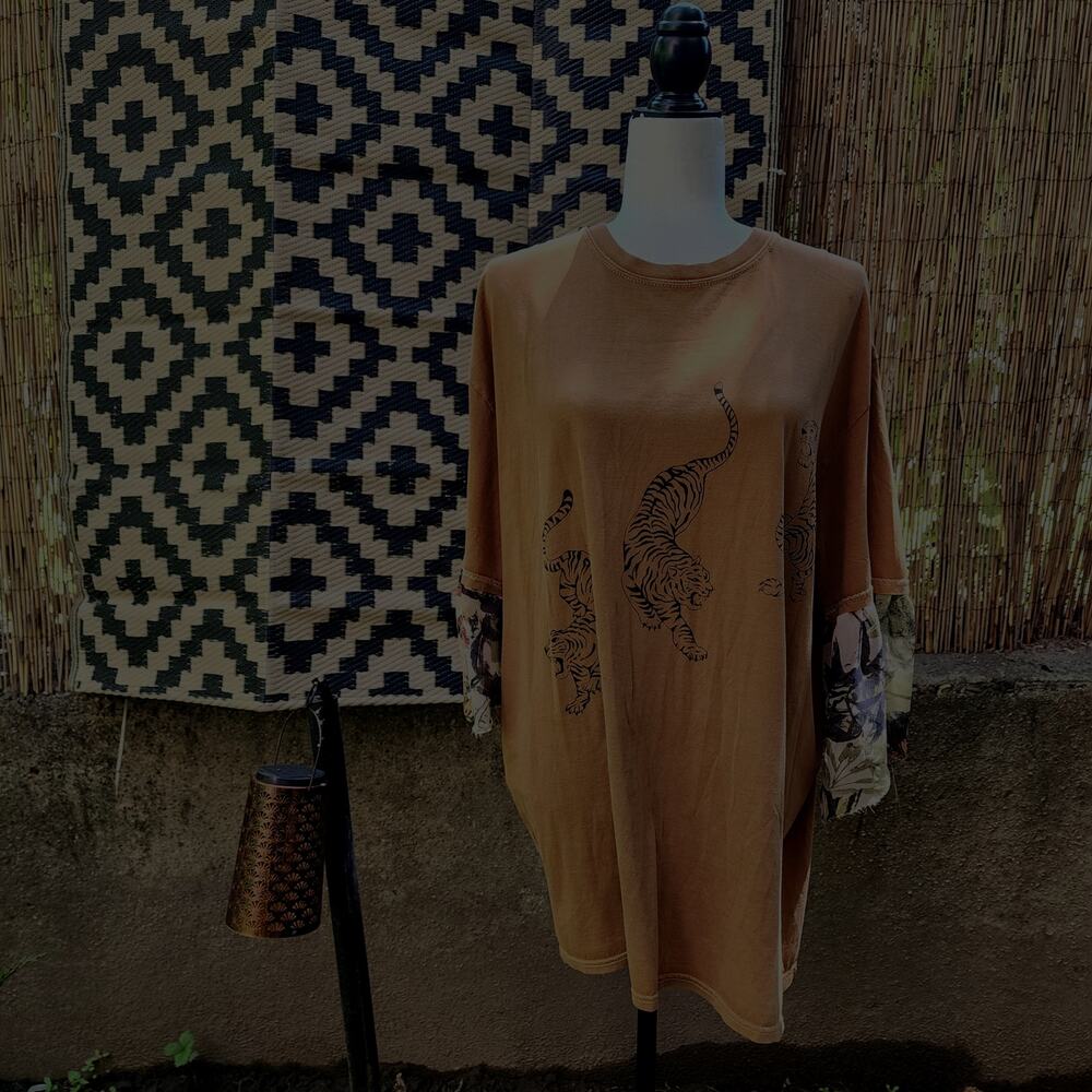 Urban outfiters oversized t-shirt cameo tan color upcycled reworked tigers
